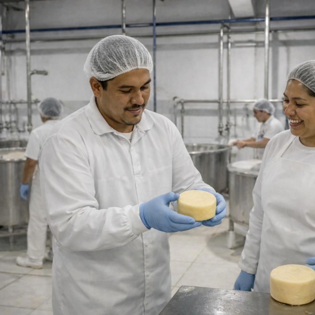 Equipo de producción de CEGALAC inspeccionando queso en planta